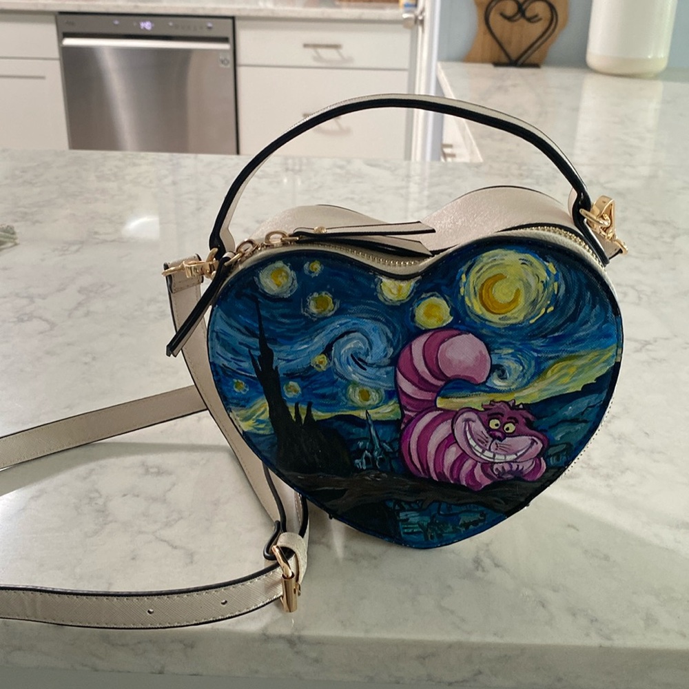 Custom painted Chesire Cat handbag.